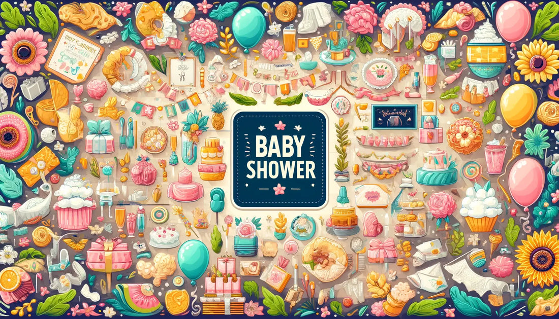 En livlig och inbjudande baby shower-scen med kreativa dekorationer, underhållande aktiviteter och högkvalitativa mat- och dryckalternativ, framhävande en sammanhängande tema och glädjefylld musik.