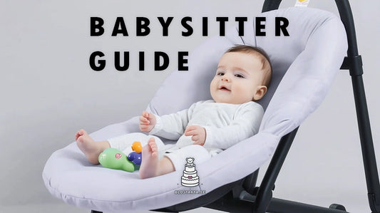 babysitter guide bouncer chair for kids, a beautiful kid sitting on a babysitter with toys in between his feet with a playful touch, studio matte silver background