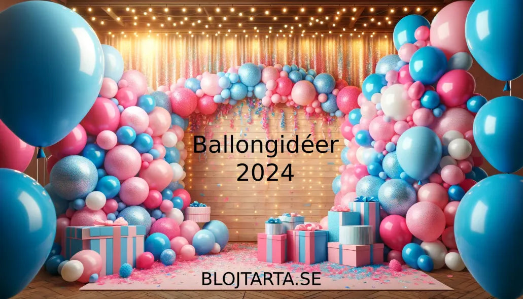 Festlig gender reveal-fest med kreativa ballongdekorationer i rosa och blått.