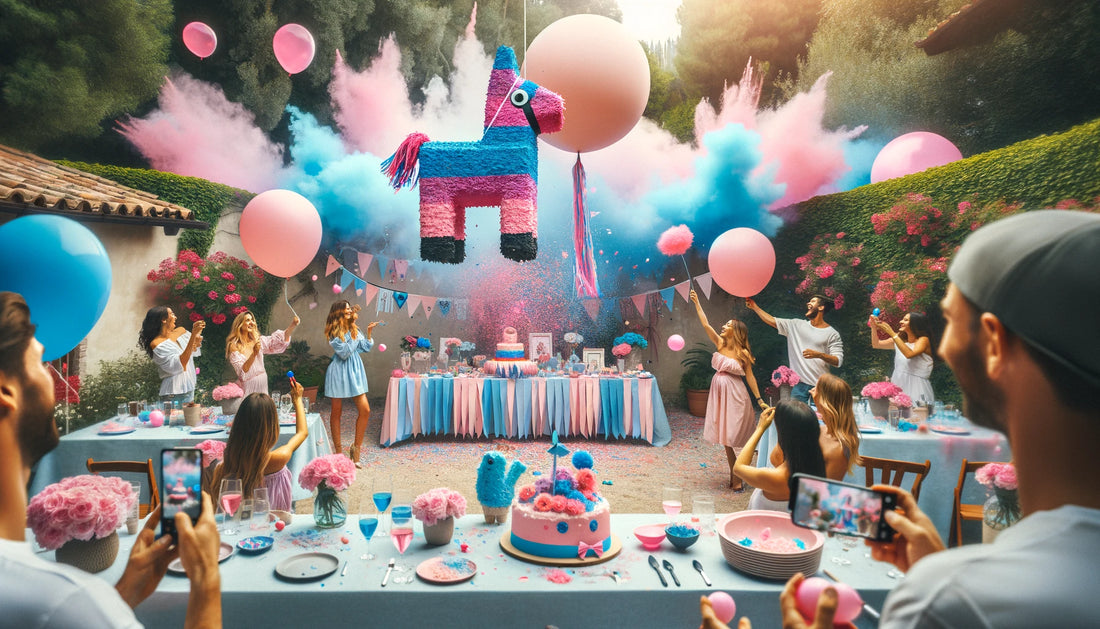 Färgglad och festlig gender reveal fest utomhus med ballonger, piñata och tårta.