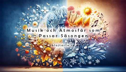 Bilden illustrerar konceptet med säsongbetonad musik och atmosfär för evenemang som fester och baby showers, med musiksymboler som representerar vårens förnyelse, sommarens energi, höstens nostalgi och vinterns festligheter.