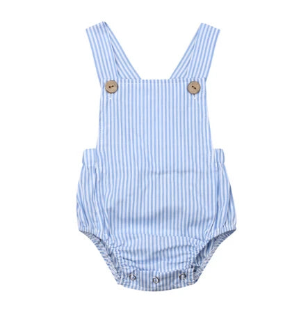 Ärmlös och rygglös blå babyjumpsuit med randigt mönster