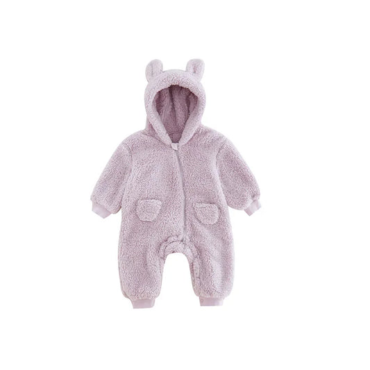 Lila fleece jumpsuit med huva och öron för baby