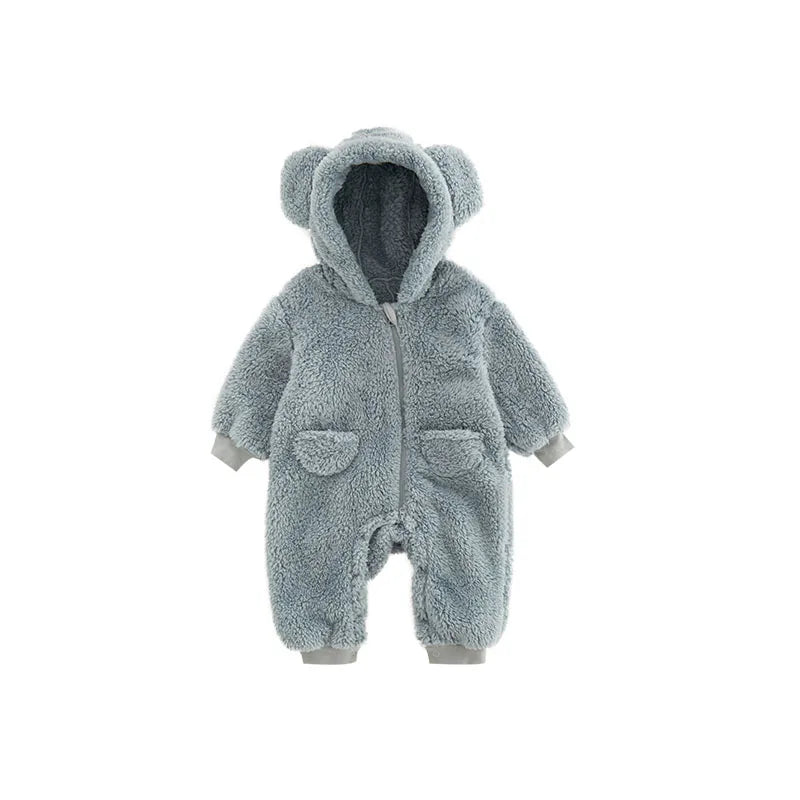 Grå fleece jumpsuit med huva och öron för baby