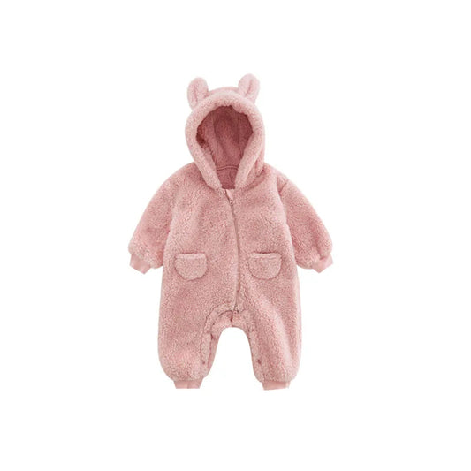 Rosa fleece jumpsuit med huva och öron för baby