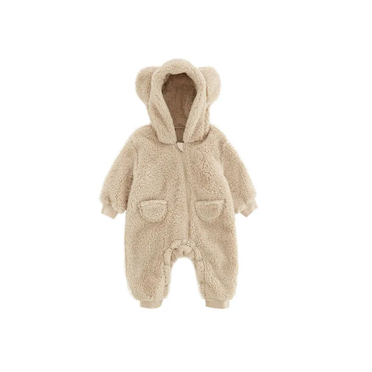 Beige fleece jumpsuit med huva och öron för baby