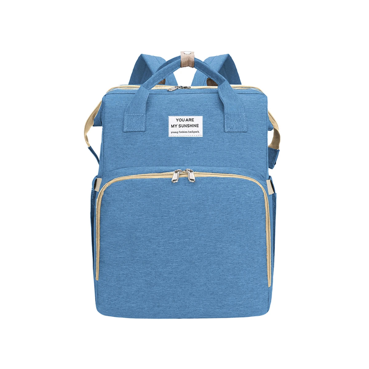 Sky Blue diaper bag with bassinet – perfect for parents on the go.