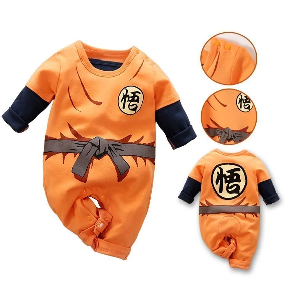 Långärmad Bebis Goku cosplay kostym från Dragon Ball med tecknade skuggor goku orange