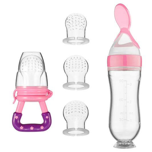 Rosa baby feeding bottle spoon set med silikonmatningssked och extra nappar för nyfödda. Hygienisk och enkel matning.