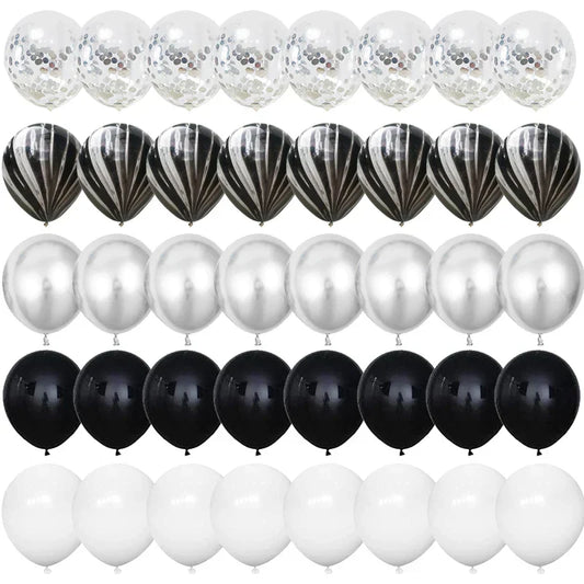 Paket med 40 Silver och Svarta Konfetti Latex Ballonger för Eleganta Festteman