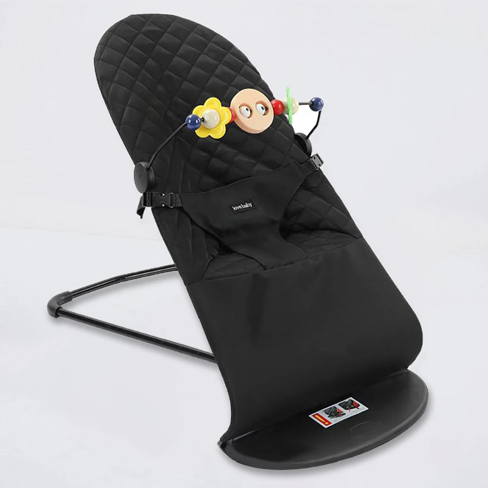 Ergonomic babysitter in Black with adjustable seat and activity toy.