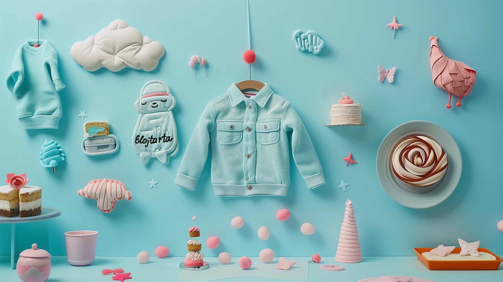 studio knolling of diapercake and childrens clothes soft and toys, in the color of baby blue and pink